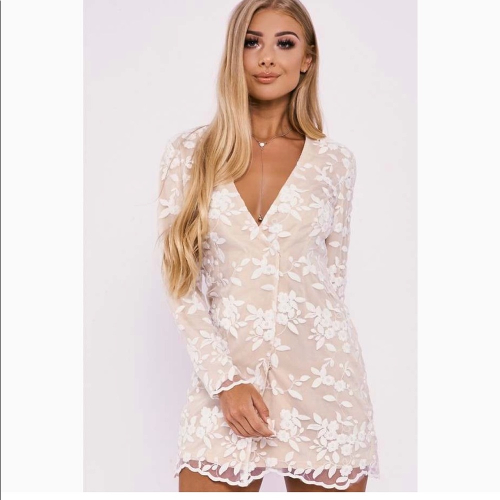 Nude Floral Lace Blazer Dress